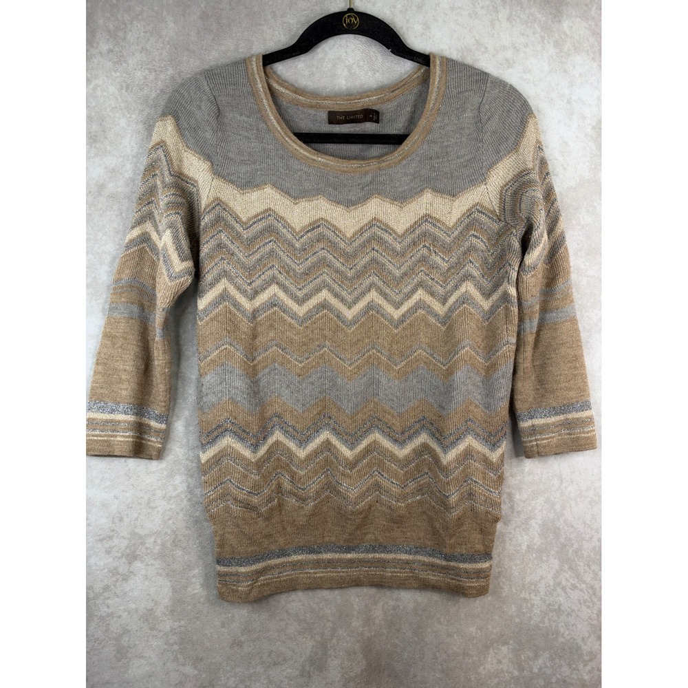 The Limited Sweater Wool Blnd Medium Tan Grey Chevron Zigzag Metallic 3/4 Sleeve